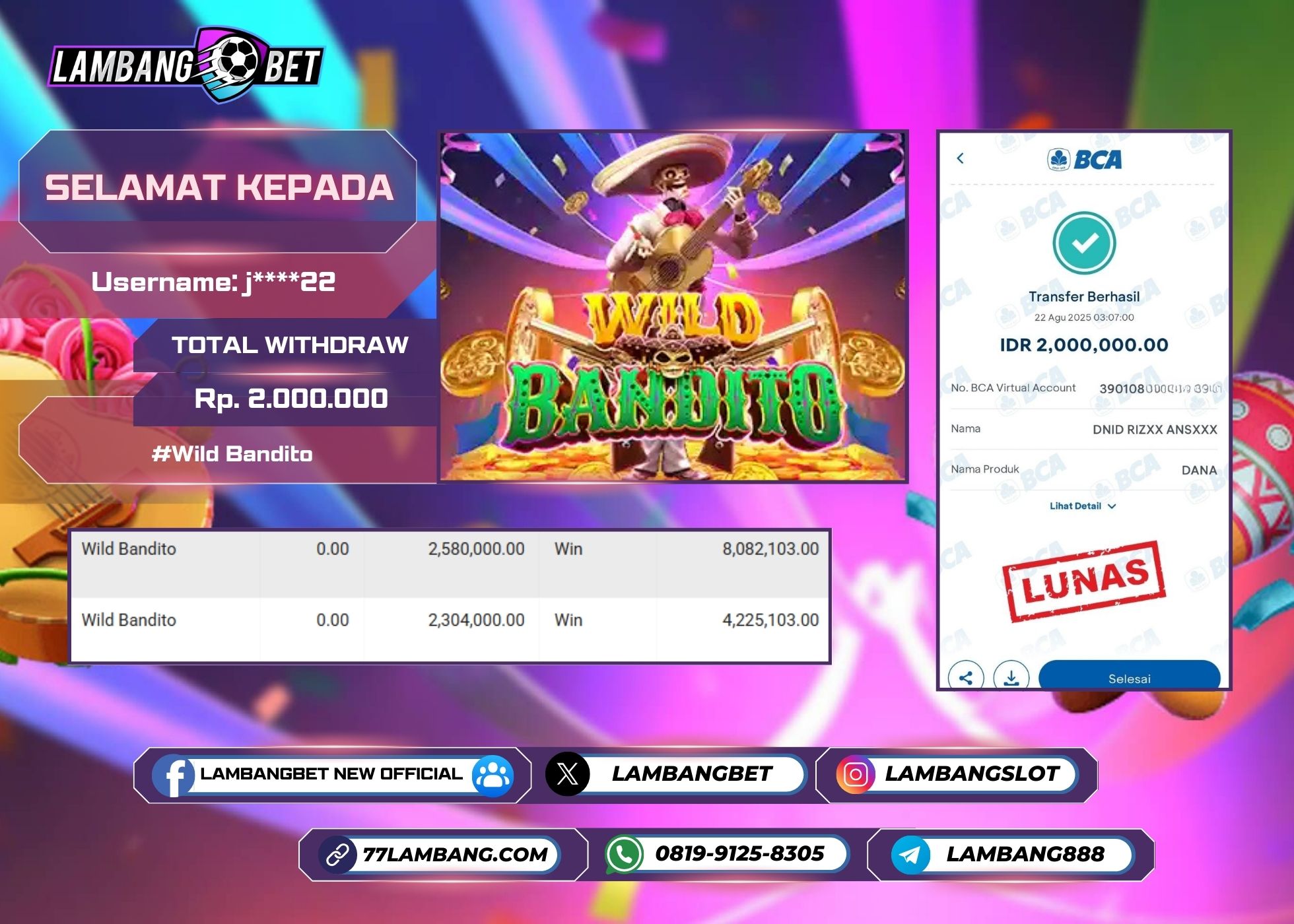 LAMBANGBET [22 AUGUST 2025] JACKPOT SLOT Wild Bandito "Rp2.000.000" LUNAS